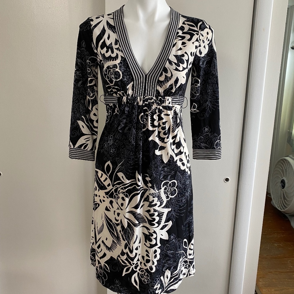 BCBG MAXAZRIA Black and Ivory Floral and Stripe Long-sleeve dress